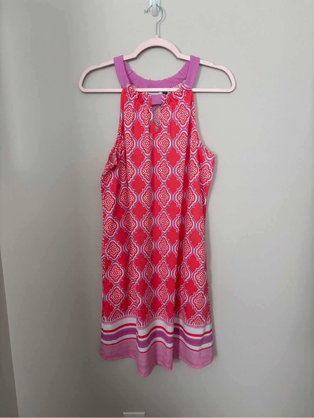 Pink & Coral Patterned Halter Dress Size L -didn’t fit - PTP 20” Length 37”